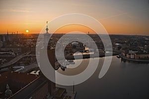Stockholm, SWEDEN - June 21, 2019.Aerial view over Stockholm skyline in sunrise