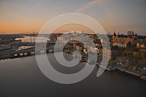 Stockholm, SWEDEN - June 21, 2019.Aerial view over Stockholm skyline in sunrise