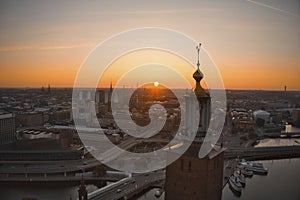 Stockholm, SWEDEN - June 21, 2019.Aerial view over Stockholm skyline in sunrise