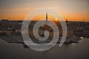 Stockholm, SWEDEN - June 21, 2019.Aerial view over Stockholm skyline in sunrise