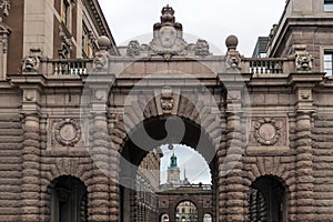 Parliament House Riksdagshuset building, government office exterior outdoors in the city centre of Stockholm, Sweden