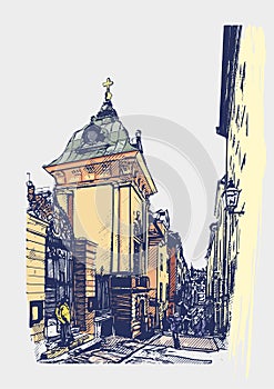 Stockholm, Sweden. Old street in the city center. Graphic sketch