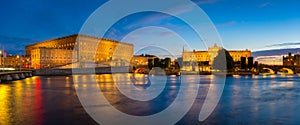 Stockholm, Sweden. Panoramic view of the Royal Palace and Parliament. The capital of Sweden. Cityscape during the blue hour.