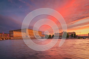 Stockholm, Sweden. Panoramic view of the Royal Palace and Parliament. The capital of Sweden. Cityscape during sunset.