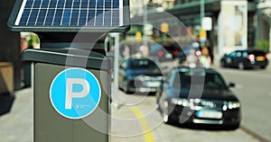 Stockholm, Sweden. Parking Machine Equipped With A Solar Battery For Recharging From Solar Energy Light. Electronic