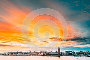 Stockholm, Sweden. Scenic Famous View Of Skyline Cityscape Embankment At Summer Sunset Sunrise. Famous Popular