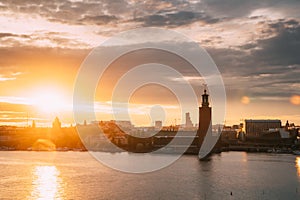 Stockholm, Sweden. Scenic Skyline View Of Famous Tower Of Stockholm City Hall. Building Of Municipal Council Stands On