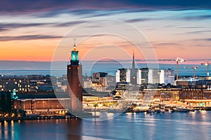 Stockholm, Sweden. Scenic Skyline View Of Famous Tower Of Stockholm City Hall And St. Clara Or Saint Klara Church