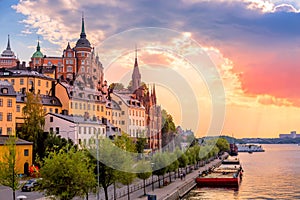 Stockholm, Sweden. Scenic summer sunset view with colorful sky of the Old Town architecture in Sodermalm district