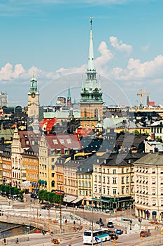 Stockholm Sweden. Scenic Top View Of Cityscape. Tall Steeple Of The German Church Or St. Gertrude`s