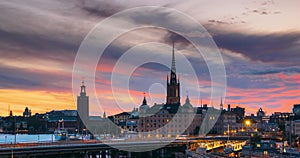 Stockholm, Sweden. Scenic View Of Stockholm Skyline At Summer Evening. Day To Night Transition Time Lapse. Famous