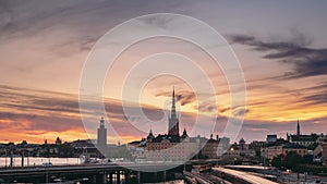 Stockholm, Sweden. Scenic View Of Stockholm Skyline At Summer Evening. Famous Popular Destination Scenic Place In Sunset