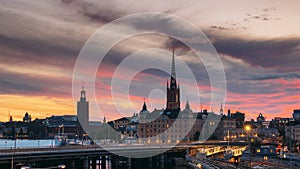 Stockholm, Sweden. Scenic View Of Stockholm Skyline At Summer Evening. Famous Popular Destination Scenic Place In Sunset