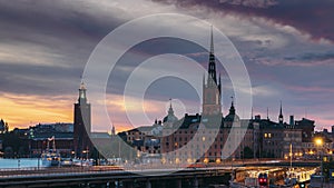 Stockholm, Sweden. Scenic View Of Stockholm Skyline At Summer Evening. Famous Popular Destination Scenic Place In Sunset