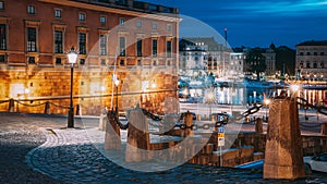 Stockholm, Sweden. Slottsbacken In Old Town Gamla Stan. Famous Popular Destination Scenic Place In Night Lights