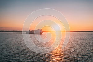 Stockholm, Sweden. Tourist Ship Or Ferry Boat Boat Liner Floating Near Islands In Summer Evening. Beautiful Seascape In