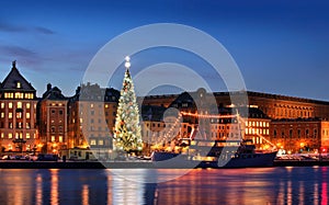 Stockholms old city with christmas tree