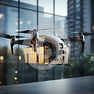 StockImage 3Drender drone delivering a package to an office building