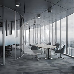 StockImage Blurred modern office interior with panoramic windows, gray tones