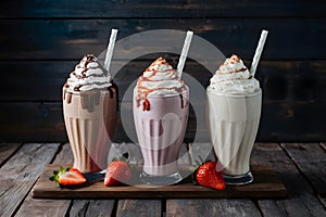 StockImage An indulgent display of three milkshakes including chocolate and strawberry