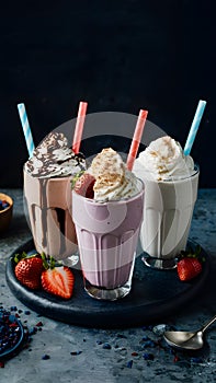 StockImage An indulgent display of three milkshakes including chocolate and strawberry