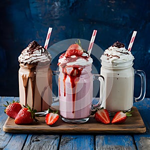 StockImage An indulgent display of three milkshakes including chocolate and strawberry