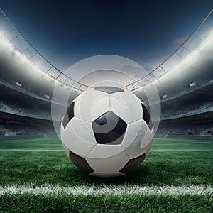 StockImage Soccer ball at stadium ready for match, capturing the anticipation and excitement of sports events