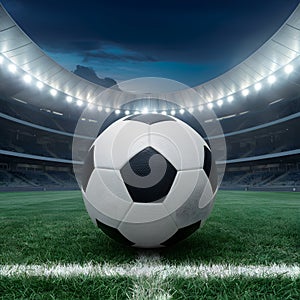 StockImage Soccer ball at stadium ready for match, capturing the anticipation and excitement of sports events