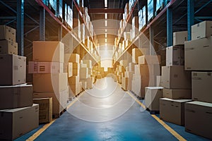 StockImage Stacked cardboard boxes illuminate a bustling distribution warehouse scene