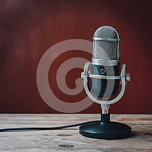 StockImage Studio podcast microphone on dark brown background, broadcasting equipment photo