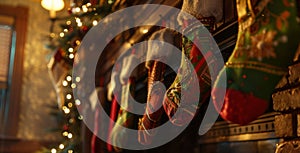 Stockings are hung by the fireplace ready to be filled with small trinkets and treats on Christmas morning photo