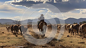 Stockman mustering cattle in a drought affected landscape. Generative AI photo