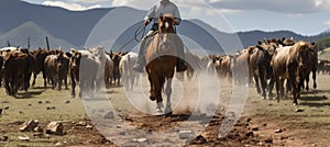 Stockman mustering cattle in a drought affected landscape. Generative AI photo