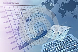 Stockmarket building with charts illustration photo