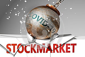 Stockmarket and coronavirus, symbolized by the virus destroying word Stockmarket to picture that covid-19  affects Stockmarket and