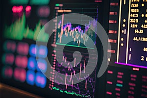 Stockmarket online trading chart candlestick on crypto currency platform.Computer screen closeup background. Ai generative