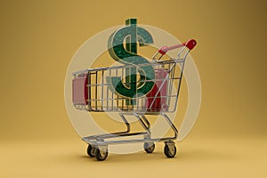 StockPhoto 3D rendering depicts shopping trolley adorned with dollar symbol