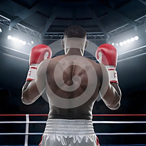 StockPhoto Back view of professional boxer in ring match with spot lighting, portraying athleticism