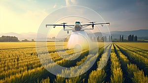 stockphoto, big agriculture drone spraying pesticides on a mais field. Innovative technology used for smart farming.