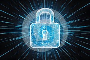 StockPhoto Blue padlock icon representing cyber security and digital data network protection in abstract background