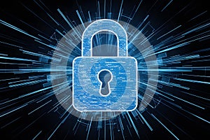 StockPhoto Blue padlock icon representing cyber security and digital data network protection in abstract background