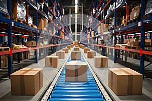 StockPhoto Cardboard box packages moving along conveyor belt, warehouse fulfillment center