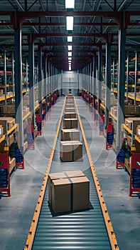 StockPhoto Cardboard box packages moving along conveyor belt, warehouse fulfillment center
