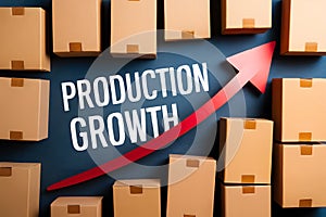 StockPhoto Cardboard boxes with red up arrow, indicating production growth