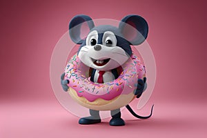StockPhoto Cartoon mouse mascot with big pink glazed donut, 3D rendering