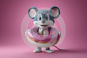 StockPhoto Cartoon mouse mascot with big pink glazed donut, 3D rendering