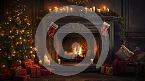 stockphoto, christmas evening, interior of decorated room and fireplace for the holiday. Cosy Christmas interior