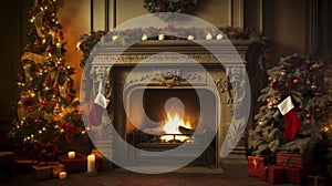 stockphoto, christmas evening, interior of decorated room and fireplace for the holiday. Cosy Christmas interior