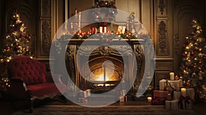 stockphoto, christmas evening, interior of decorated room and fireplace for the holiday. Cosy Christmas interior