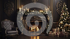 stockphoto, christmas evening, interior of decorated room and fireplace for the holiday. Cosy Christmas interior